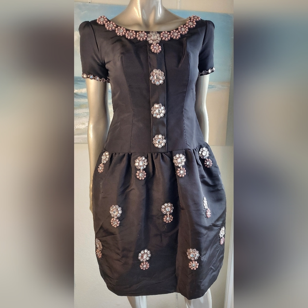 ♡$5,500 OSCAR DE LA RENTA GORGEOUS BLACK SILK JUVEL BEADED RUNWAY DRESS US 4
